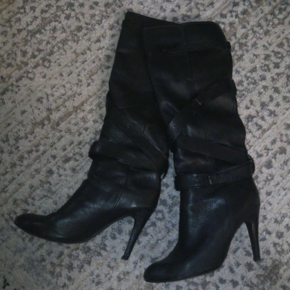Moto Chic Rosegold Strappy Italian Leather Knee High Boot in Black Sz 10 - Picture 2 of 10